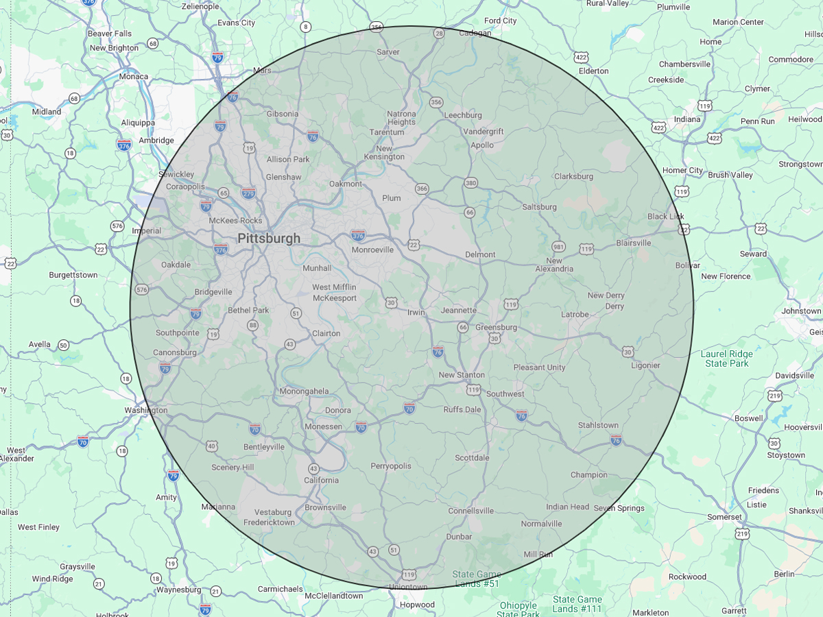 Service area map showing home inspection coverage around Irwin, Pennsylvania and surrounding communities